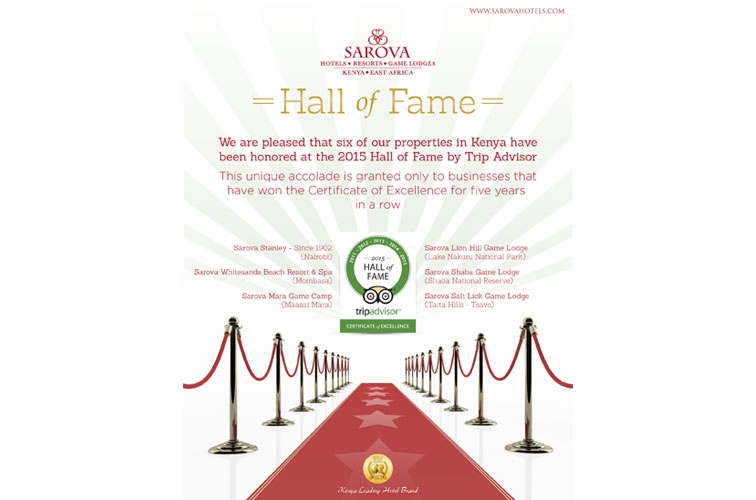 Sarova Hotels Receives the 2015 TripAdvisor Hall of Fame Award